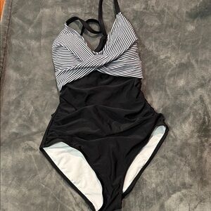 Black and White Striped tummy control Swimsuit